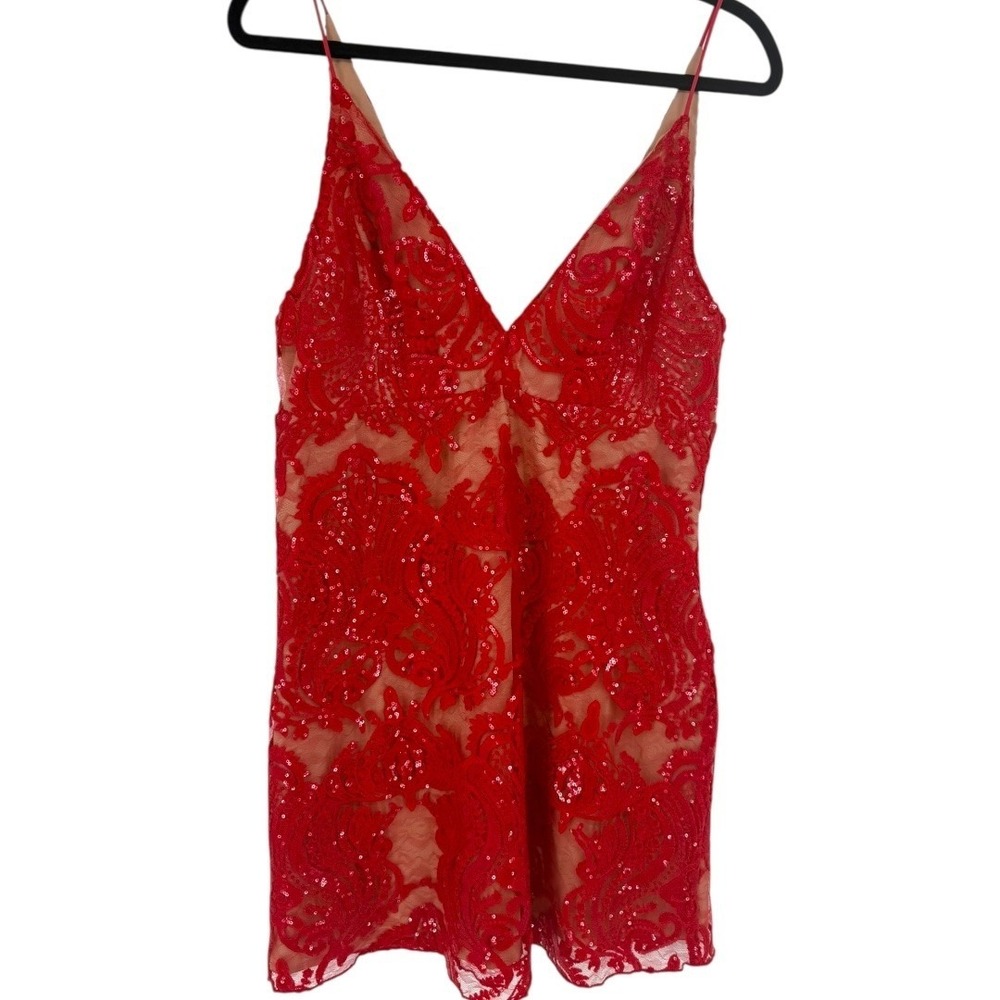 NWT Free People Night Shimmers Mini Dress Red Lace Sequin V Neck Size 10 Glam - Picture 5 of 16